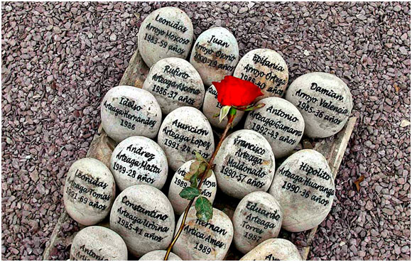 Memorial stones with the names of the dead to be placed at the El Ojo que Llora [The Eye that Cries] monument in Lima Peru. Photo by Pilar Oliveres