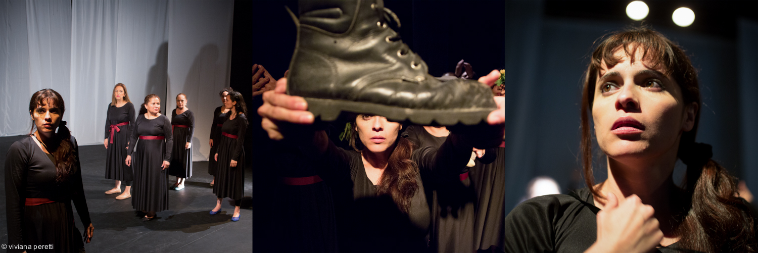 'Antígonas, Tribunal de Mujeres' (‘Antigone, Court of Women’) is a collective creation where six women victims of violence in Colombia do catharsis on stage while denouncing crimes against humanity. In the photograph, the collective Tramaluna Teatro on stage with the victims of crime of State in Colombia (left); in the middle and on the right, actress Ángela Triana Gallego on stage. Bogota, December 2014.