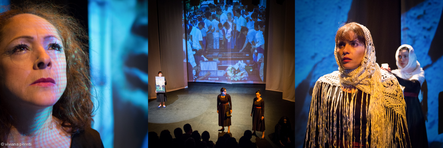 'Antígonas, Tribunal de Mujeres' (‘Antigone, Court of Women’) is a collective creation where six women victims of violence in Colombia do catharsis on stage while denouncing crimes against humanity. In the photograph, Lucero Carmona (left), mother of Omar killed by the Army in the 'false positive'; Fanny Palacios Romero (middle), whose family was killed by the Army for belonging to the leftist party UP, on stage with actresses Ángela Triana Gallego and Karen Roa; on the right, actresses Ángela Triana Gallego and Karen Roa. Bogota, April and October 2014.